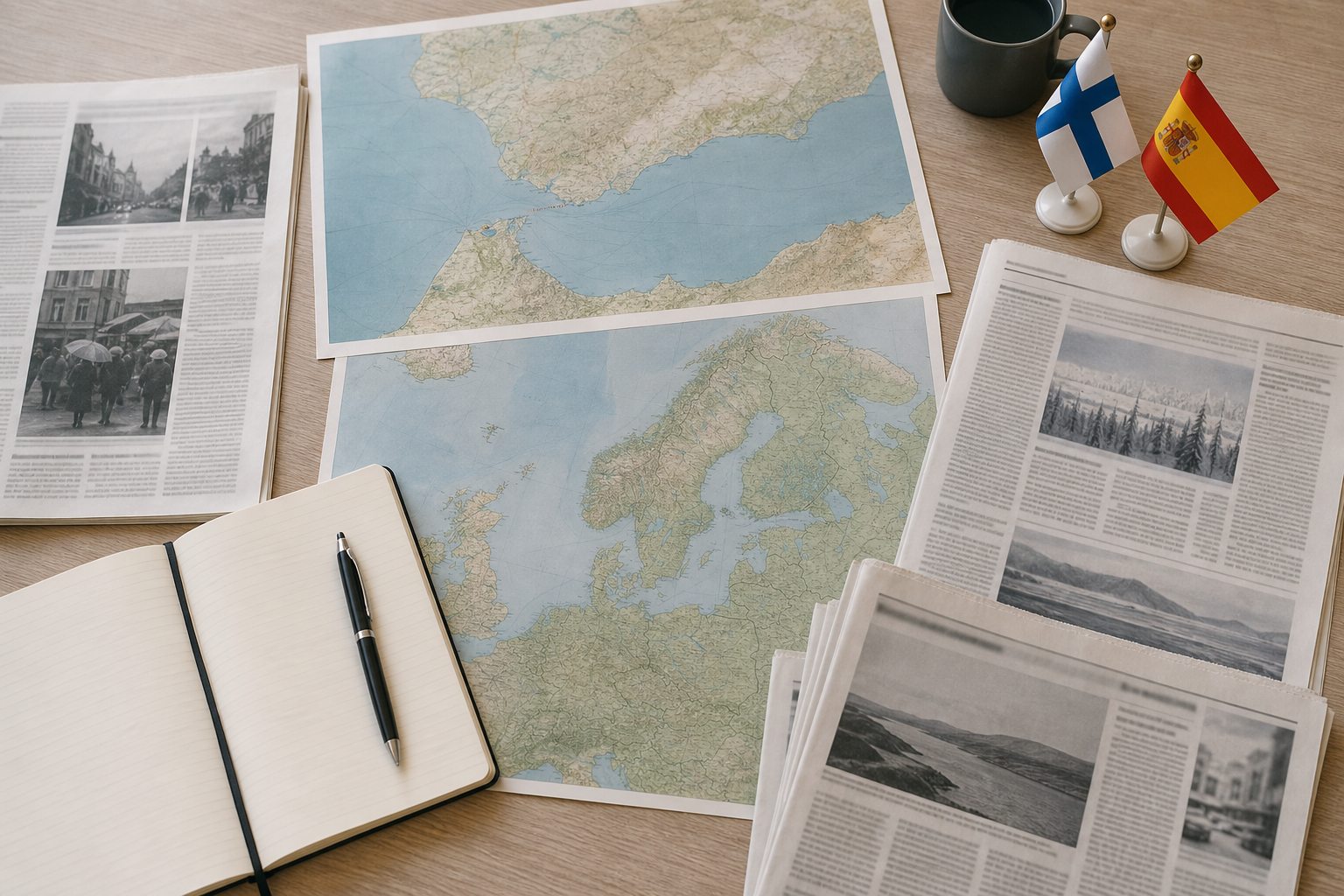 Composición editorial con periódicos y mapas de Finlandia y España