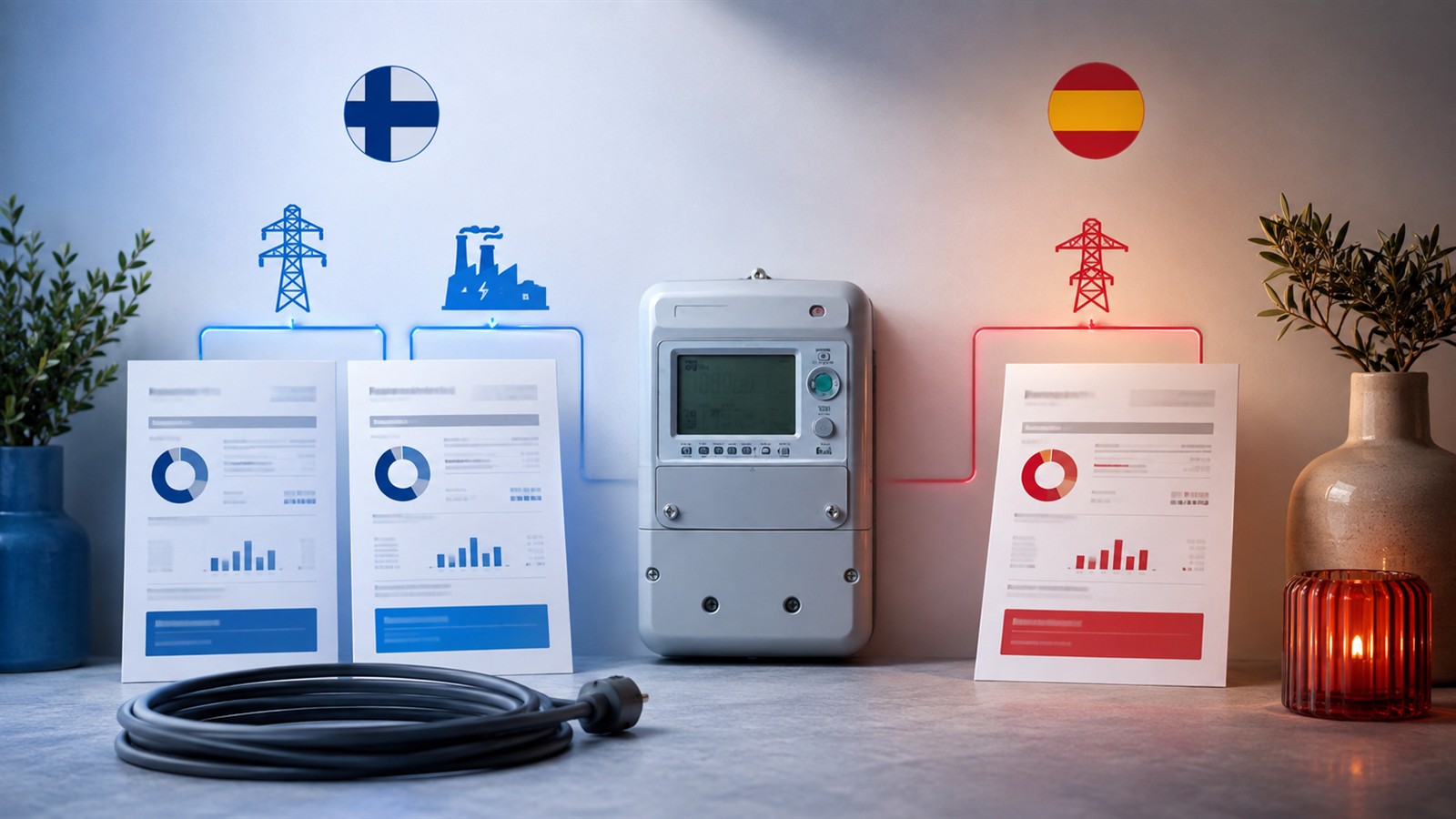 Contador eléctrico entre dos facturas finlandesas y una factura española, representación de los distintos modelos de cobro