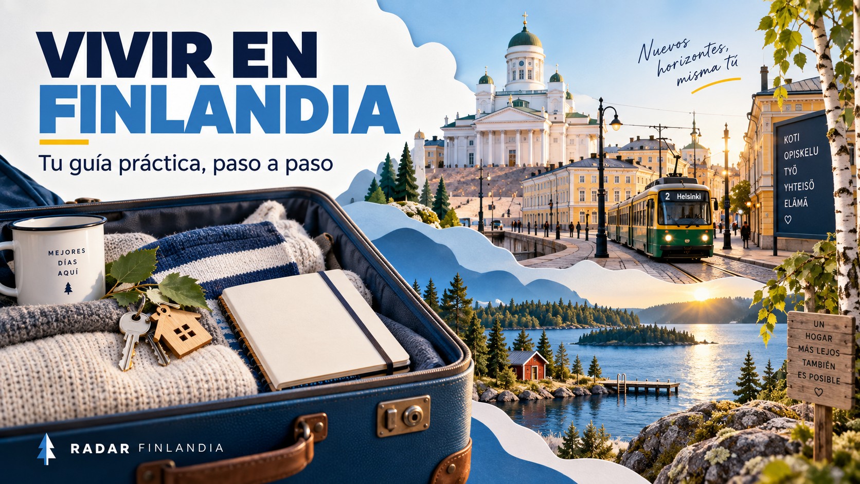 Ilustración de una maleta, llaves, Helsinki y un lago: guía para vivir en Finlandia